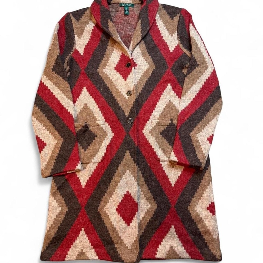 Ralph Lauren Merino Wool cardigan Jacket geometric diamond pattern XL